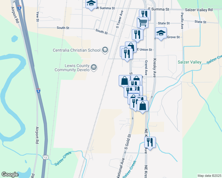 map of restaurants, bars, coffee shops, grocery stores, and more near 1505 South Gold Street in Centralia