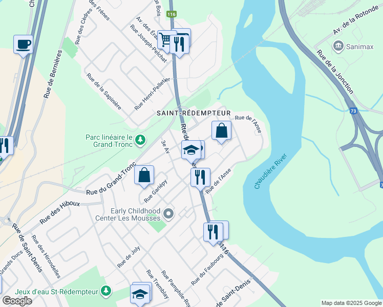map of restaurants, bars, coffee shops, grocery stores, and more near 1232 Route des Rivières in Lévis