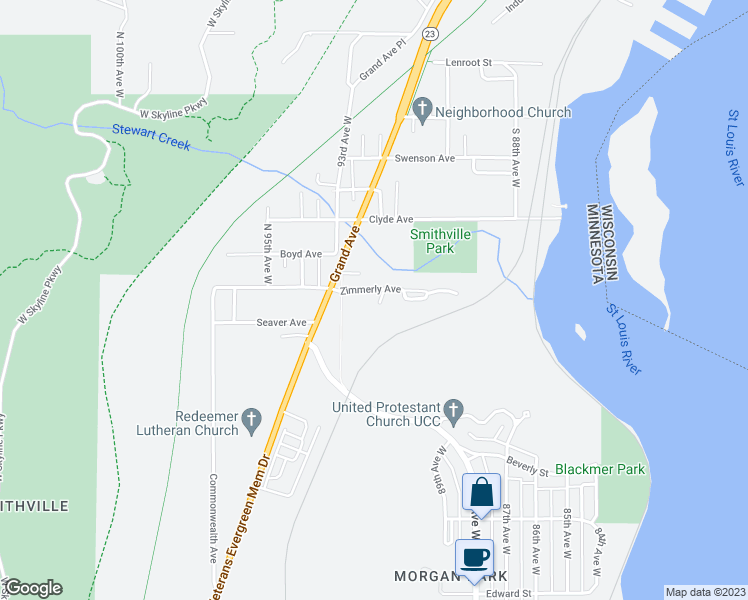 map of restaurants, bars, coffee shops, grocery stores, and more near 9202 Zimmerly Avenue in Duluth
