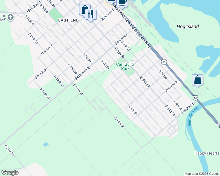 map of restaurants, bars, coffee shops, grocery stores, and more near 2622 East 8th Street in Superior