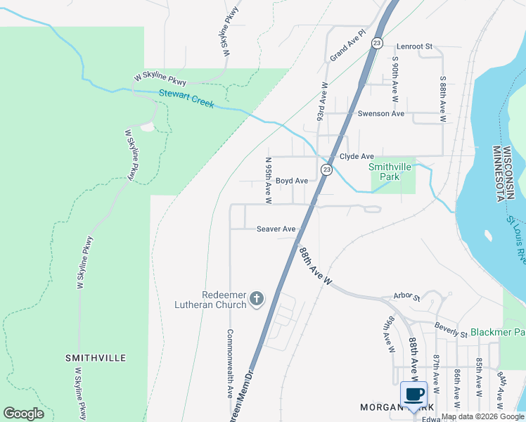 map of restaurants, bars, coffee shops, grocery stores, and more near 9501 Seaver Avenue in Duluth