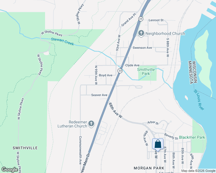 map of restaurants, bars, coffee shops, grocery stores, and more near 9401 Seaver Avenue in Duluth