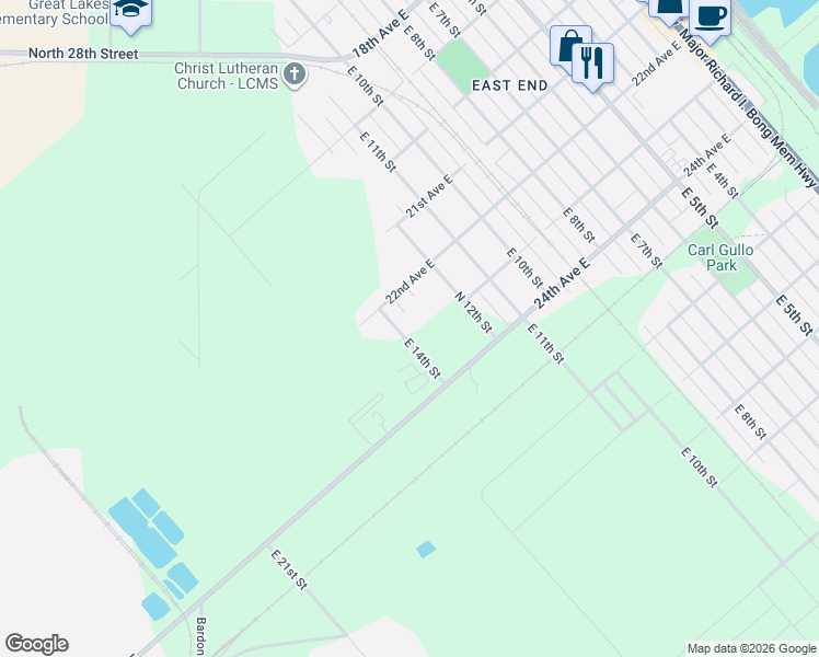 map of restaurants, bars, coffee shops, grocery stores, and more near 2210 East 13th Street in Superior