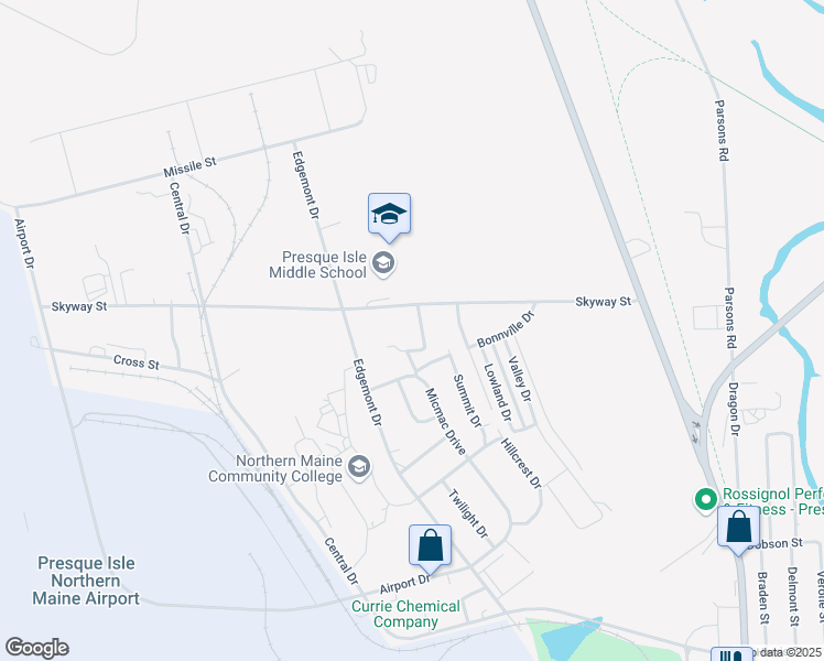 map of restaurants, bars, coffee shops, grocery stores, and more near 1 Skyspot Lane in Presque Isle