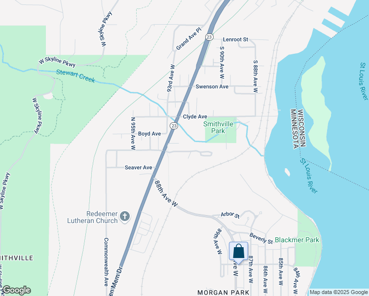 map of restaurants, bars, coffee shops, grocery stores, and more near 9223 Hulett Avenue in Duluth