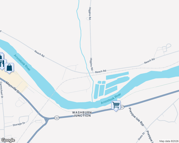 map of restaurants, bars, coffee shops, grocery stores, and more near 4 Higgins Road in Presque Isle