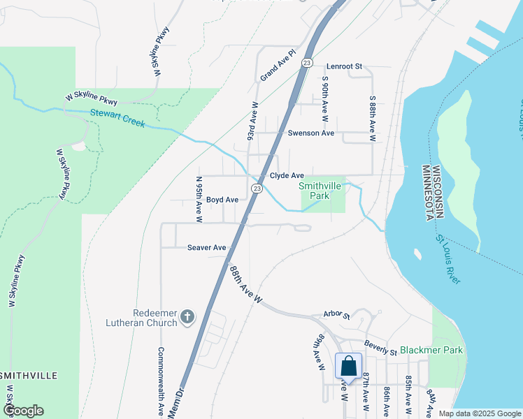 map of restaurants, bars, coffee shops, grocery stores, and more near 9223 Hulett Avenue in Duluth