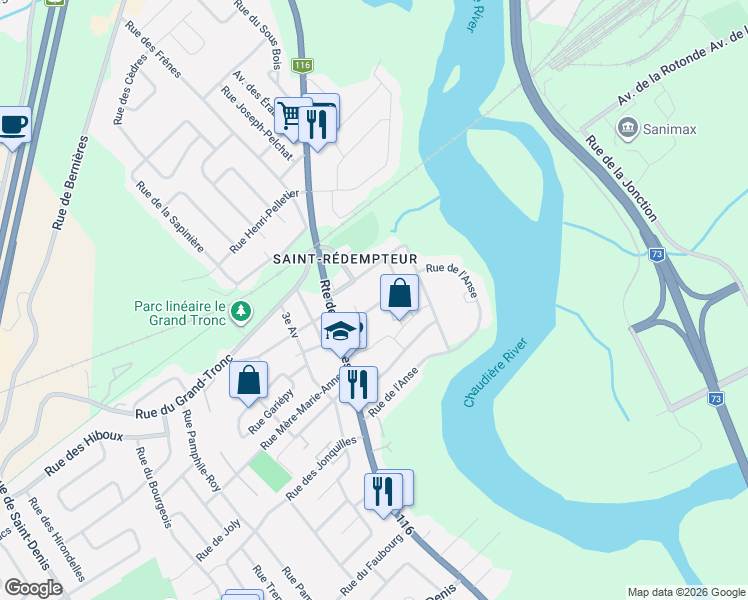 map of restaurants, bars, coffee shops, grocery stores, and more near 77 Rue Mailly in Lévis