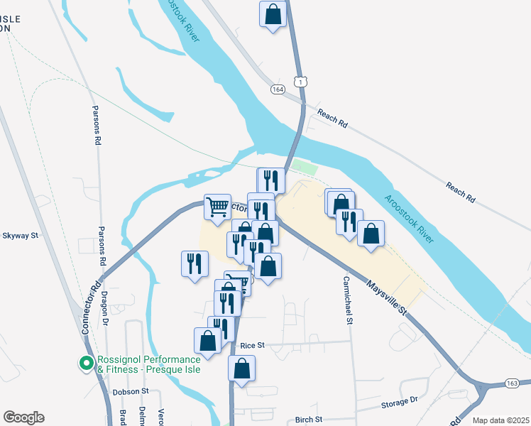map of restaurants, bars, coffee shops, grocery stores, and more near Route 1 in Presque Isle
