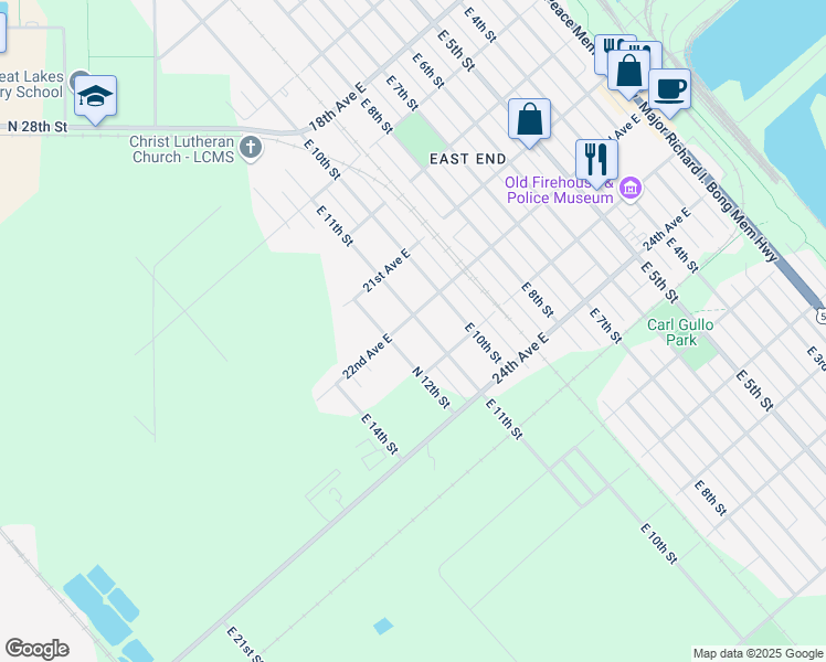 map of restaurants, bars, coffee shops, grocery stores, and more near 1102 22nd Avenue East in Superior