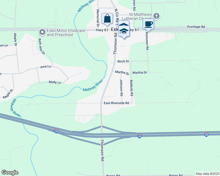 map of restaurants, bars, coffee shops, grocery stores, and more near 40 Thomson Road in Esko