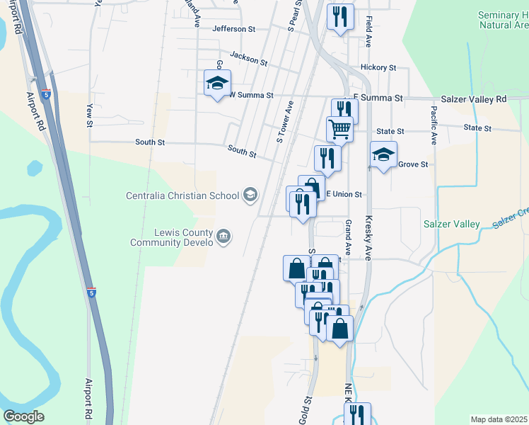 map of restaurants, bars, coffee shops, grocery stores, and more near 103 East Floral Street in Centralia