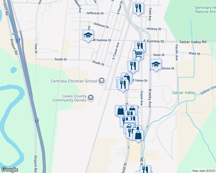 map of restaurants, bars, coffee shops, grocery stores, and more near 103 East Floral Street in Centralia