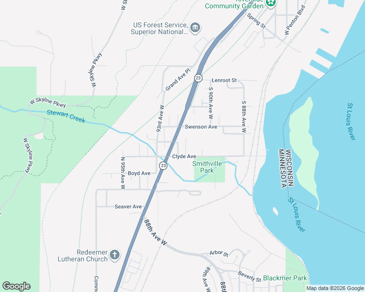 map of restaurants, bars, coffee shops, grocery stores, and more near 9101 Clyde Avenue in Duluth