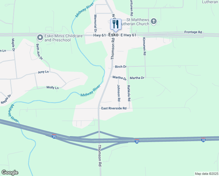 map of restaurants, bars, coffee shops, grocery stores, and more near 40 Thomson Road in Esko