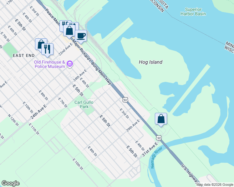 map of restaurants, bars, coffee shops, grocery stores, and more near 2629 East 3rd Street in Superior