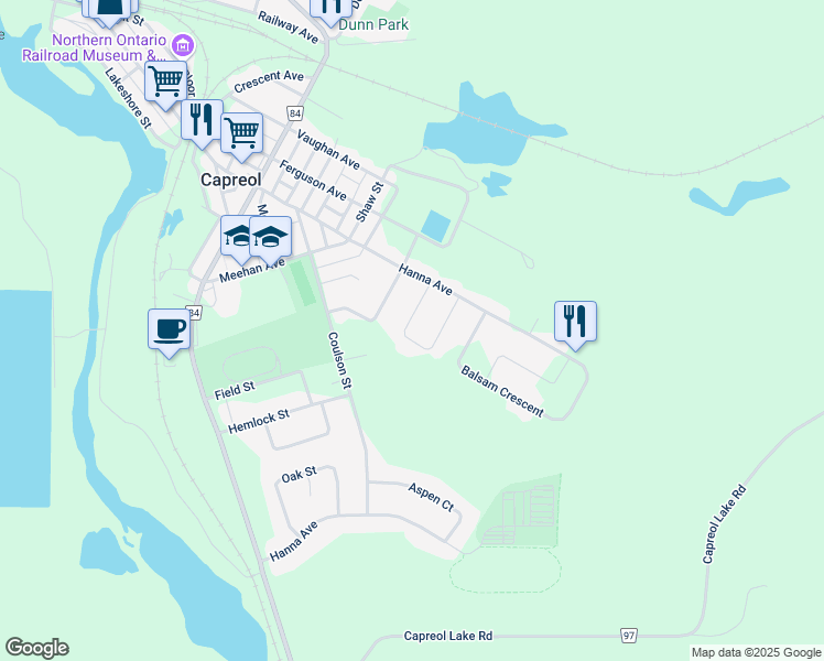 map of restaurants, bars, coffee shops, grocery stores, and more near 16 Birch Crescent in Capreol