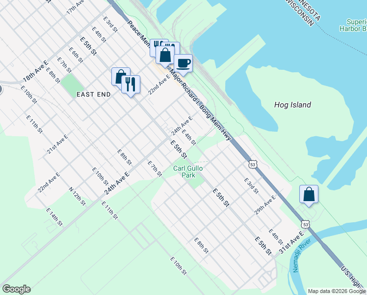 map of restaurants, bars, coffee shops, grocery stores, and more near 2424 East 4th Street in Superior