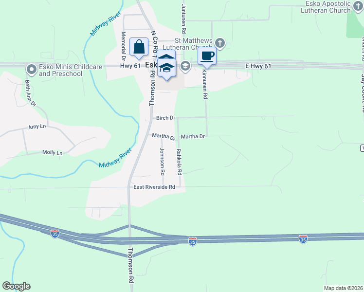 map of restaurants, bars, coffee shops, grocery stores, and more near 31 Rahkola Road in Esko