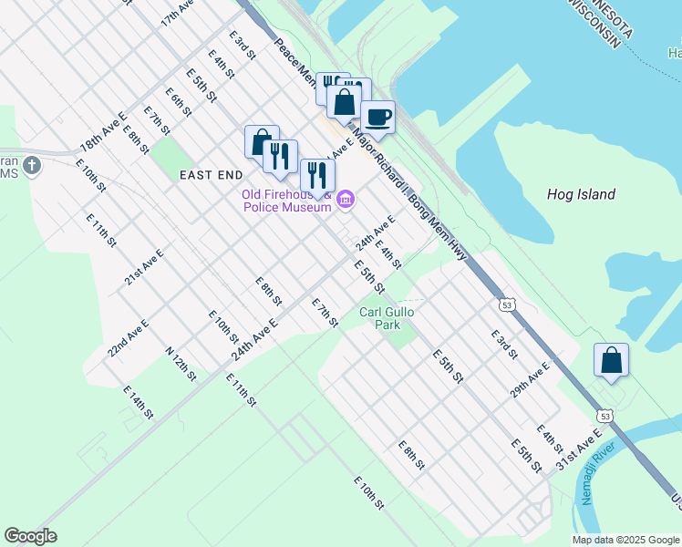 map of restaurants, bars, coffee shops, grocery stores, and more near 2402 East 5th Street in Superior