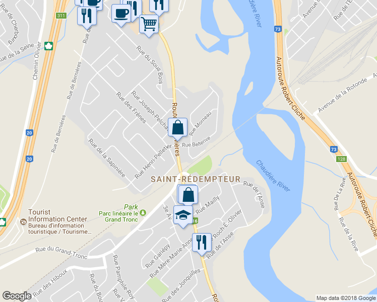 map of restaurants, bars, coffee shops, grocery stores, and more near 88 Rue Bellevue in Lévis