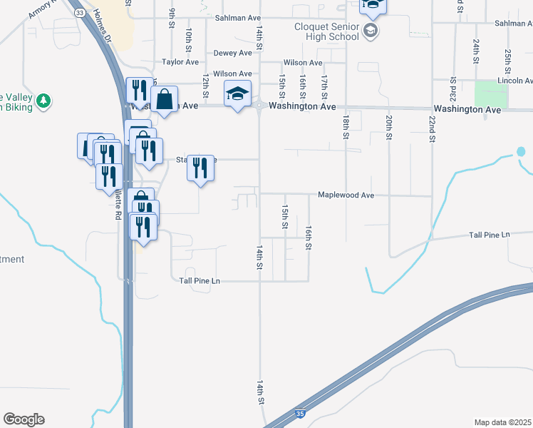 map of restaurants, bars, coffee shops, grocery stores, and more near 1407 15th Street in Cloquet