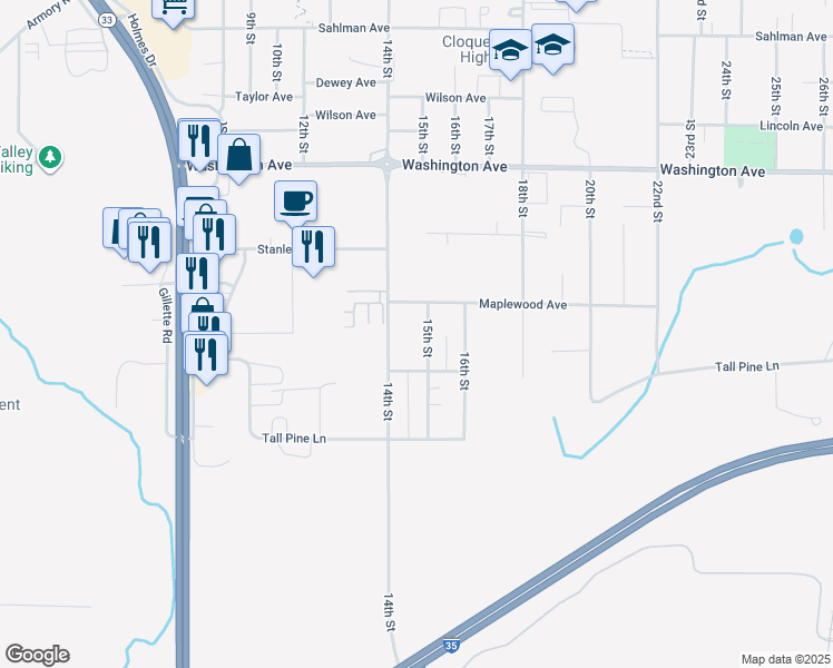 map of restaurants, bars, coffee shops, grocery stores, and more near 1407 15th Street in Cloquet