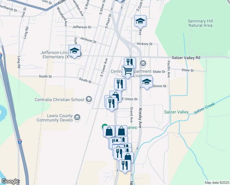 map of restaurants, bars, coffee shops, grocery stores, and more near 1305 South Gold Street in Centralia