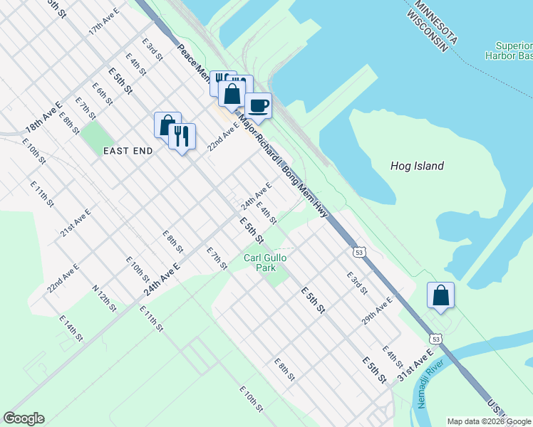 map of restaurants, bars, coffee shops, grocery stores, and more near 2424 East 4th Street in Superior