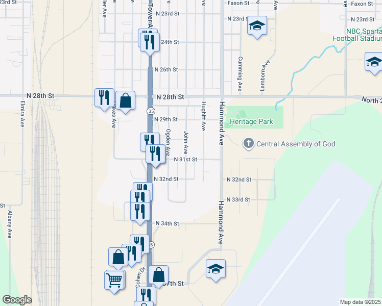 map of restaurants, bars, coffee shops, grocery stores, and more near 3101 Hughitt Avenue in Superior