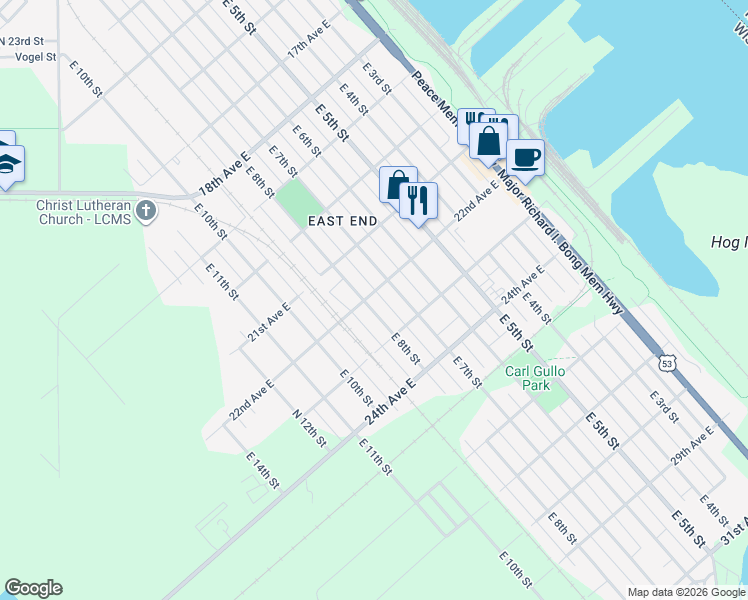 map of restaurants, bars, coffee shops, grocery stores, and more near 716 22nd Avenue East in Superior