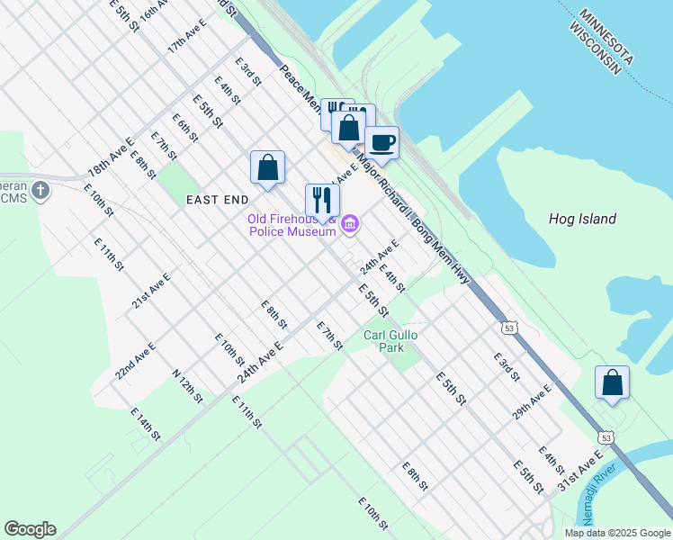 map of restaurants, bars, coffee shops, grocery stores, and more near 2320 East 5th Street in Superior