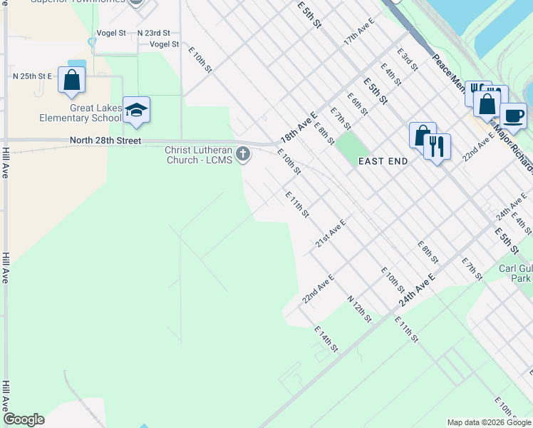 map of restaurants, bars, coffee shops, grocery stores, and more near 1222 19th Avenue East in Superior