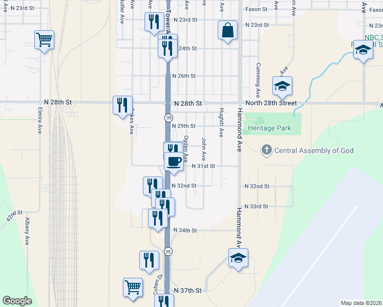 map of restaurants, bars, coffee shops, grocery stores, and more near 1603 North 30th Street in Superior