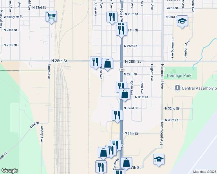 map of restaurants, bars, coffee shops, grocery stores, and more near 3015 Tower Avenue in Superior