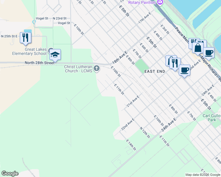 map of restaurants, bars, coffee shops, grocery stores, and more near 1828 East 11th Street in Superior