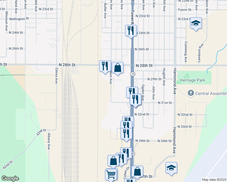 map of restaurants, bars, coffee shops, grocery stores, and more near 3015 Tower Avenue in Superior