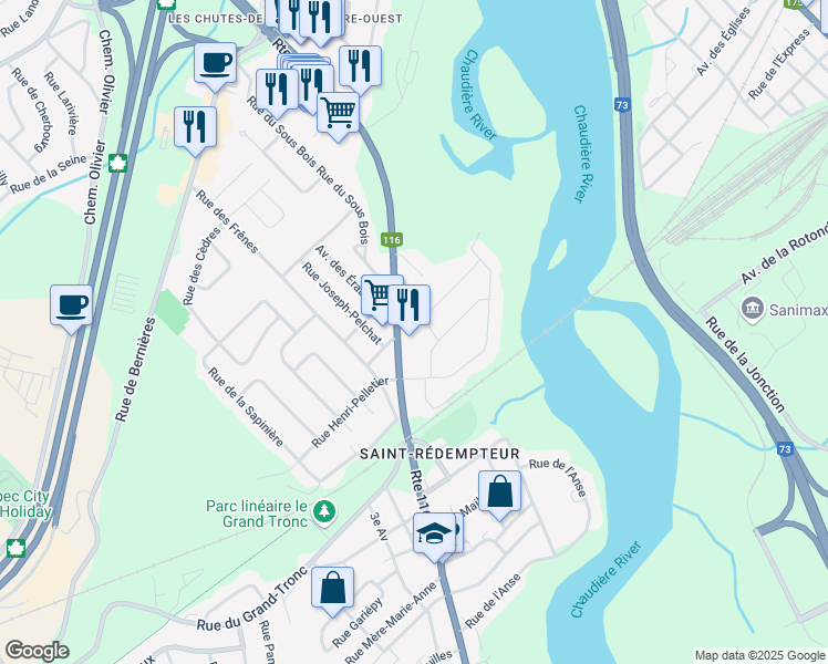 map of restaurants, bars, coffee shops, grocery stores, and more near 2170 Route des Rivières in Lévis
