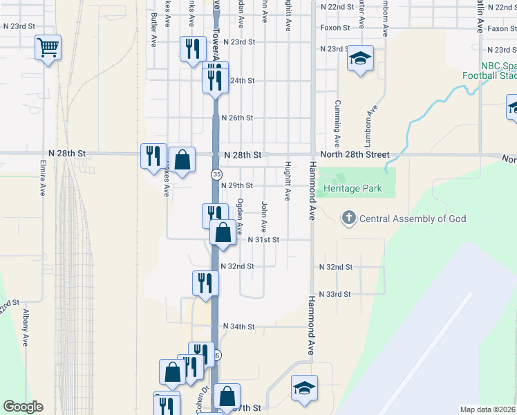 map of restaurants, bars, coffee shops, grocery stores, and more near 1603 North 30th Street in Superior