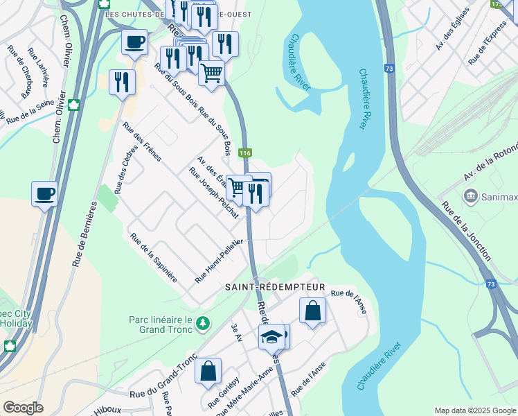 map of restaurants, bars, coffee shops, grocery stores, and more near 2170 Route des Rivières in Lévis