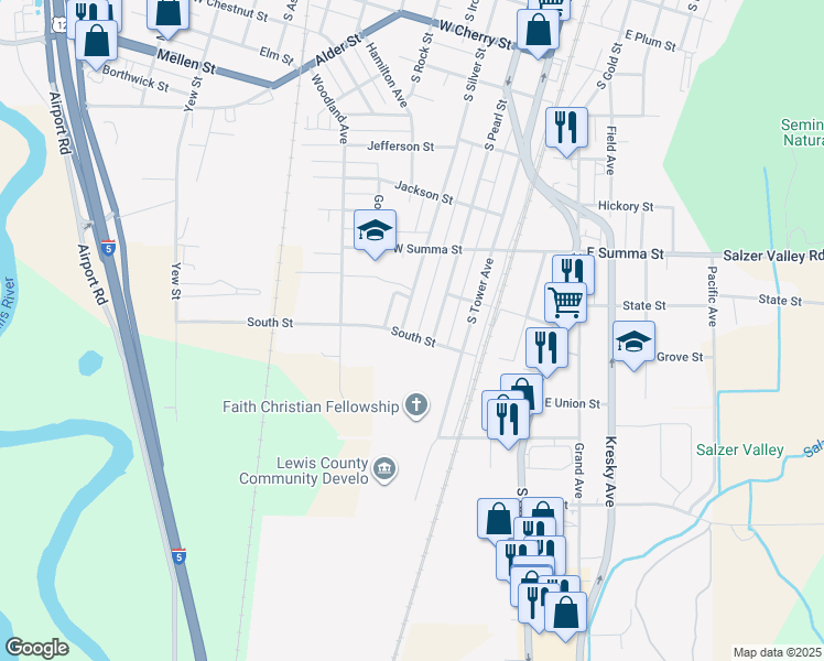 map of restaurants, bars, coffee shops, grocery stores, and more near 303 West South Street in Centralia