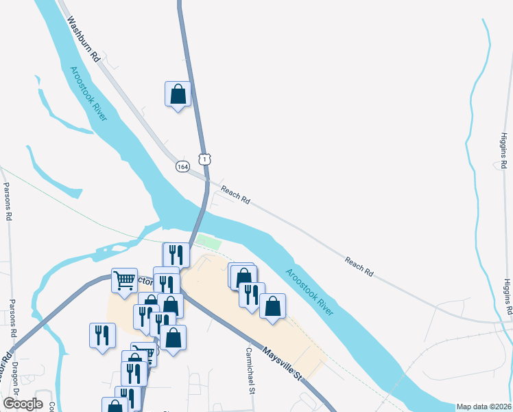 map of restaurants, bars, coffee shops, grocery stores, and more near 14 Reach Rd in Presque Isle