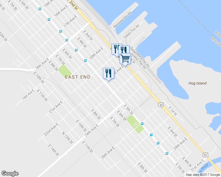 map of restaurants, bars, coffee shops, grocery stores, and more near 2229 E 5th St in Superior