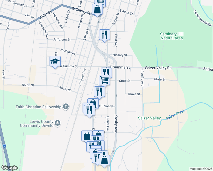 map of restaurants, bars, coffee shops, grocery stores, and more near 1114 Grand Avenue in Centralia