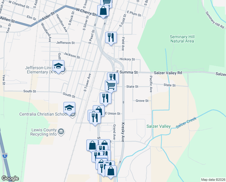 map of restaurants, bars, coffee shops, grocery stores, and more near 1114 Grand Avenue in Centralia