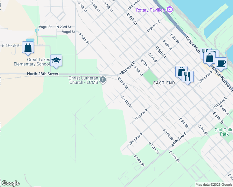 map of restaurants, bars, coffee shops, grocery stores, and more near 1828 East 11th Street in Superior