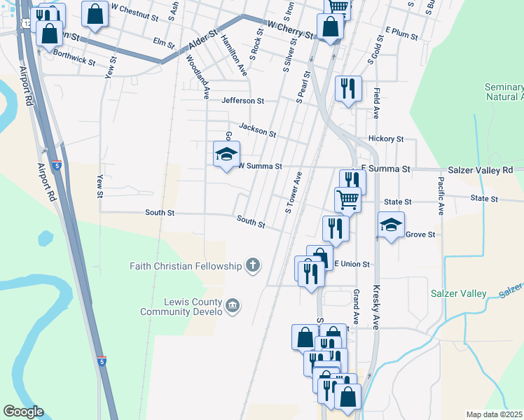 map of restaurants, bars, coffee shops, grocery stores, and more near 18 South Pearl Street in Centralia