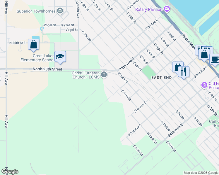 map of restaurants, bars, coffee shops, grocery stores, and more near 1818 East 12th Street in Superior