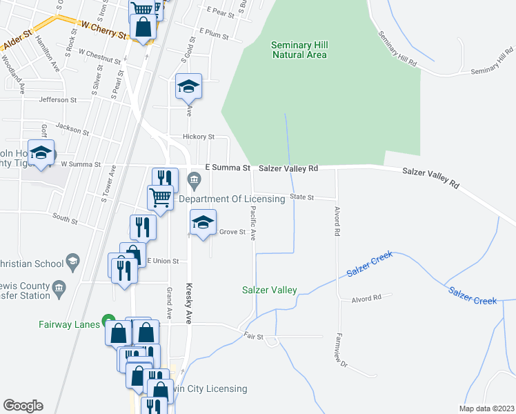 map of restaurants, bars, coffee shops, grocery stores, and more near 1104 Pacific Avenue in Centralia