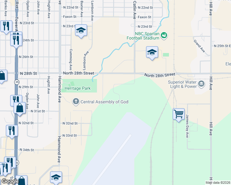 map of restaurants, bars, coffee shops, grocery stores, and more near 29 Spartan Circle Drive in Superior